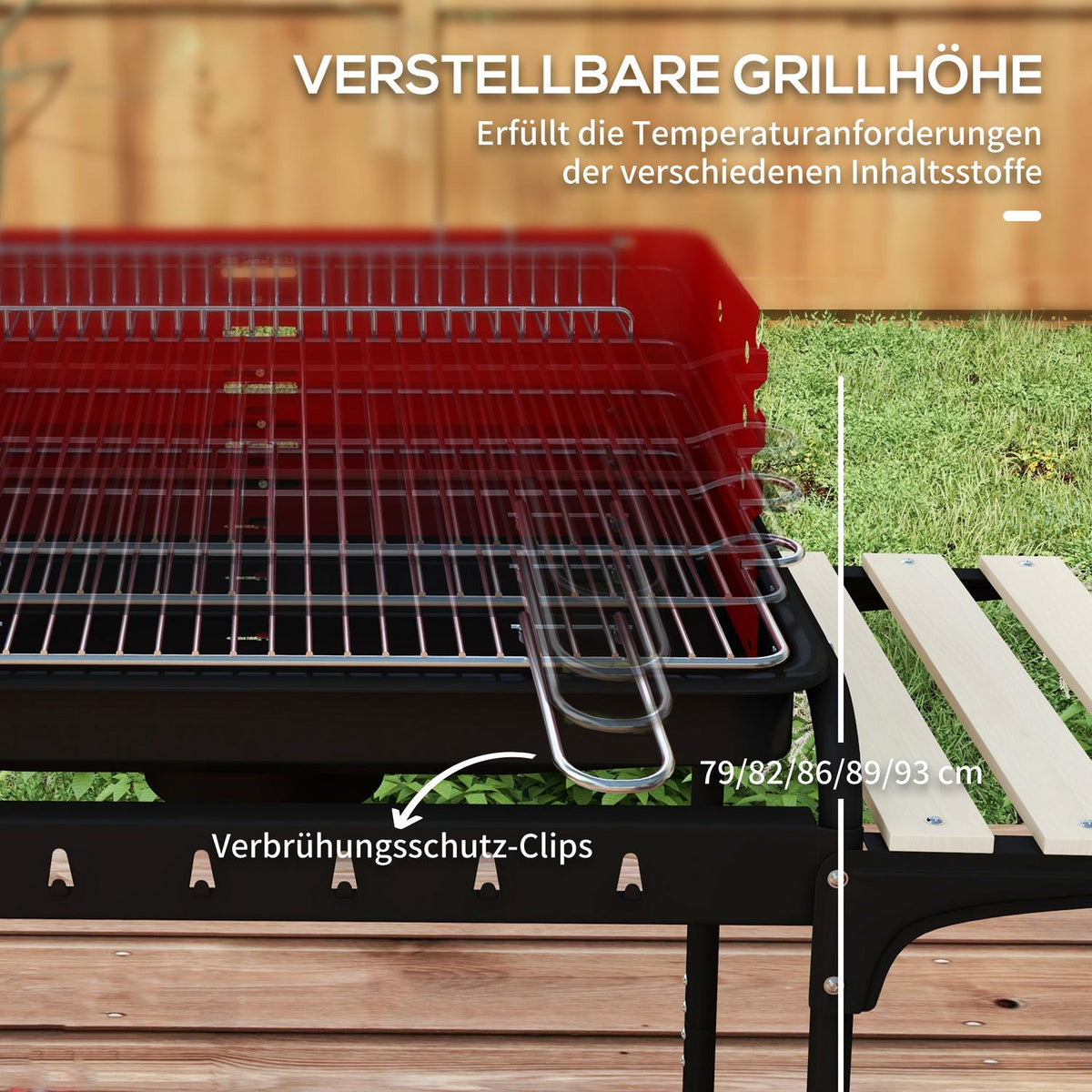 Charcoal grill made of metal BBQ smoker with wheels, height-adjustable grill grate, wooden shelf, mobile grill cart charcoal grill, charcoal grill for barbecue camping, terrace, 103x47x95 cm