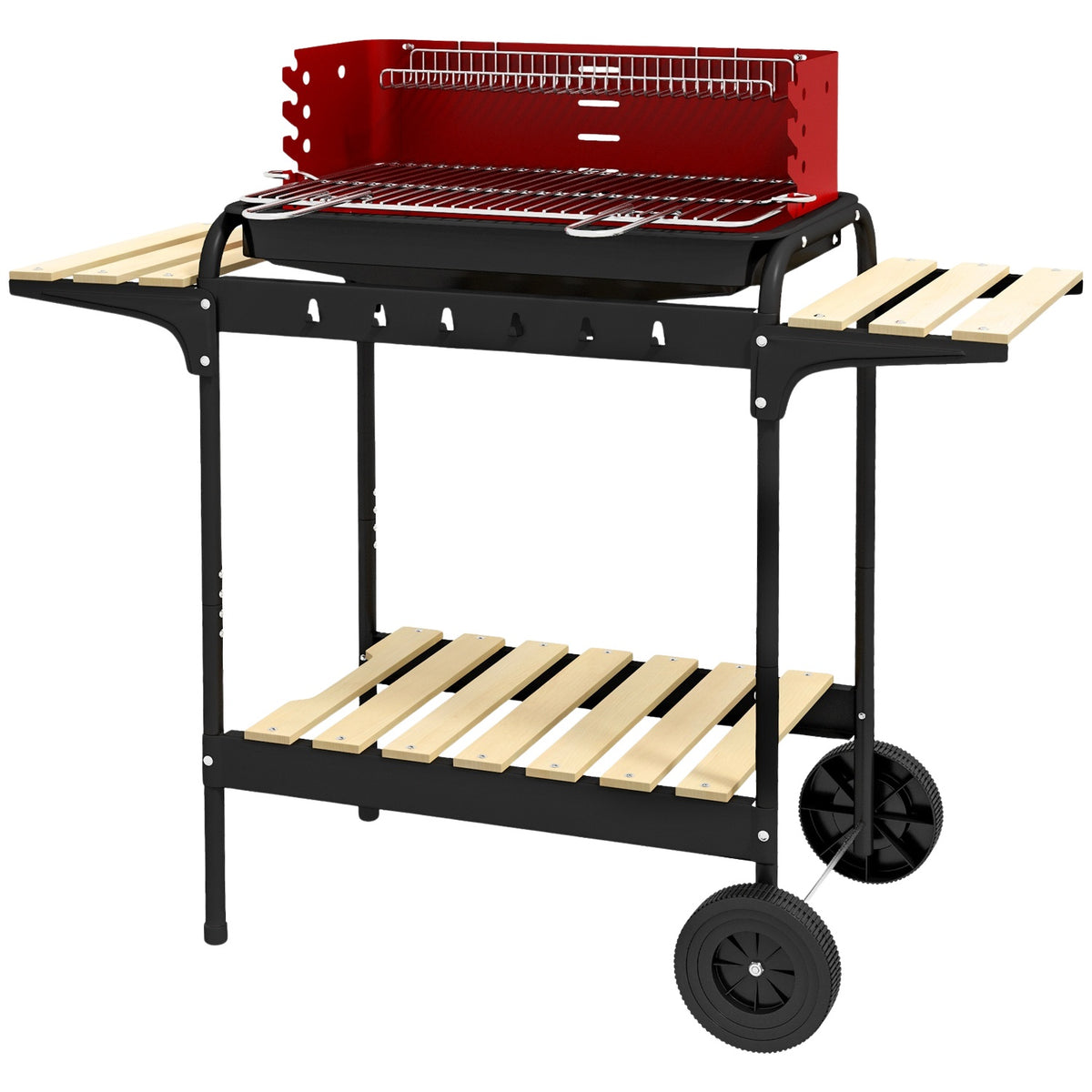 Charcoal grill made of metal BBQ smoker with wheels, height-adjustable grill grate, wooden shelf, mobile grill cart charcoal grill, charcoal grill for barbecue camping, terrace, 103x47x95 cm