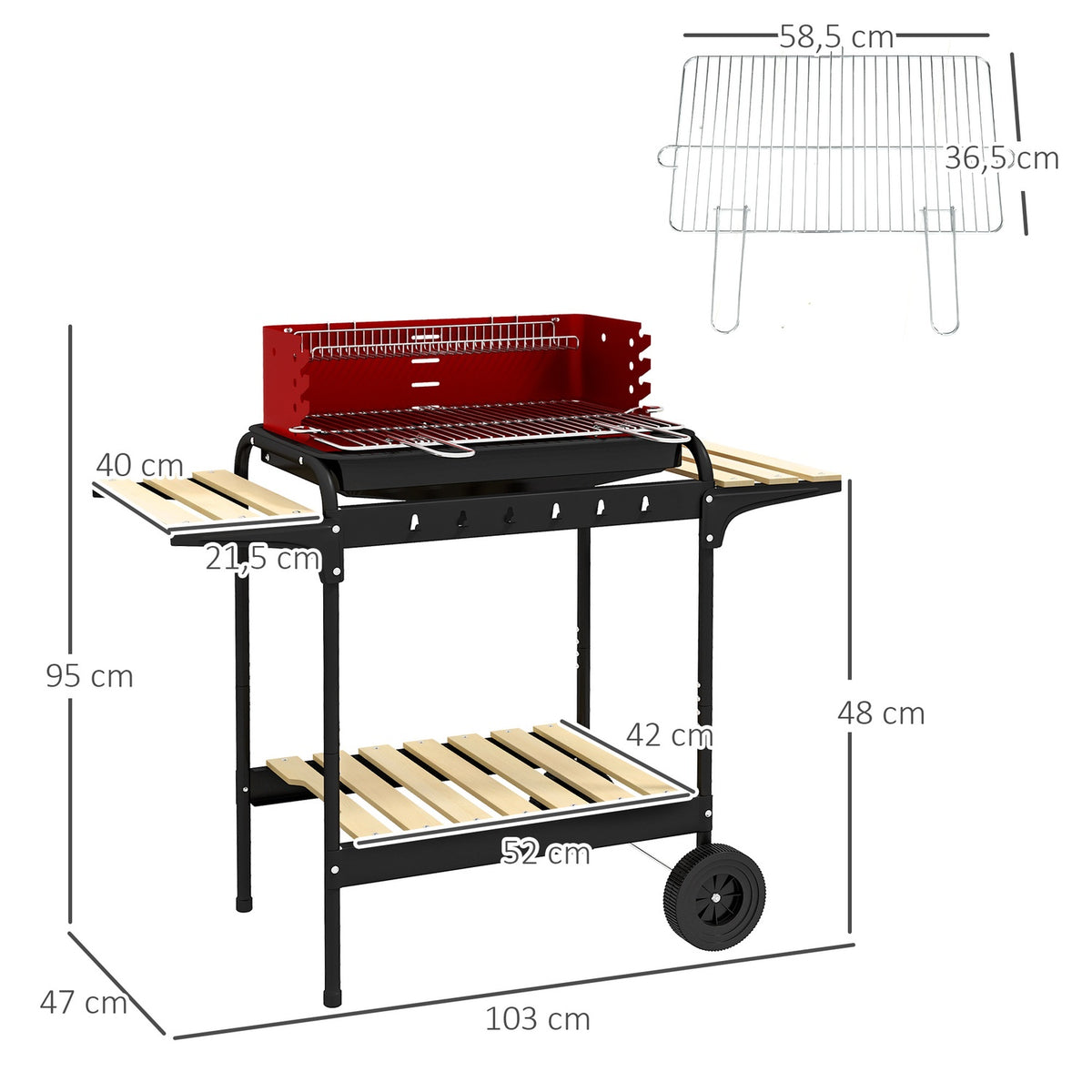 Charcoal grill made of metal BBQ smoker with wheels, height-adjustable grill grate, wooden shelf, mobile grill cart charcoal grill, charcoal grill for barbecue camping, terrace, 103x47x95 cm