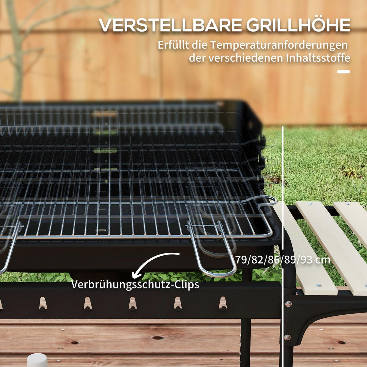 Charcoal grill made of metal BBQ smoker with wheels, height-adjustable grill grate, wooden shelf, mobile grill cart charcoal grill, charcoal grill for barbecue camping, terrace, 103x47x95 cm