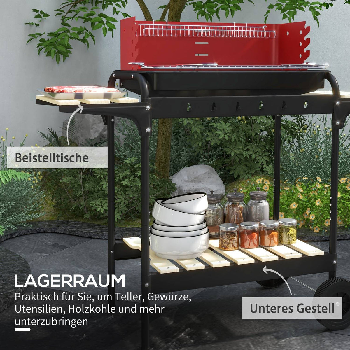 Charcoal grill made of metal BBQ smoker with wheels, height-adjustable grill grate, wooden shelf, mobile grill cart charcoal grill, charcoal grill for barbecue camping, terrace, 103x47x95 cm