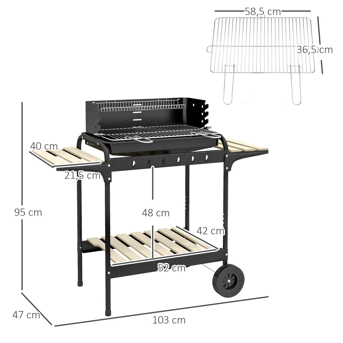 Charcoal grill made of metal BBQ smoker with wheels, height-adjustable grill grate, wooden shelf, mobile grill cart charcoal grill, charcoal grill for barbecue camping, terrace, 103x47x95 cm