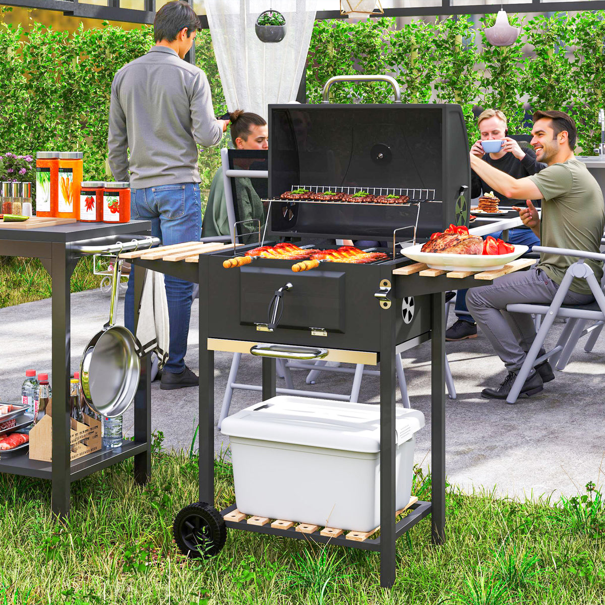 Charcoal grill made of stainless steel, mobile grill cart with lid, thermometer, grill grate, wheels, adjustable handle, coal tray, charcoal grill cart with wood shelf, BBQ smoker for camping, garden 112x58x107cm |