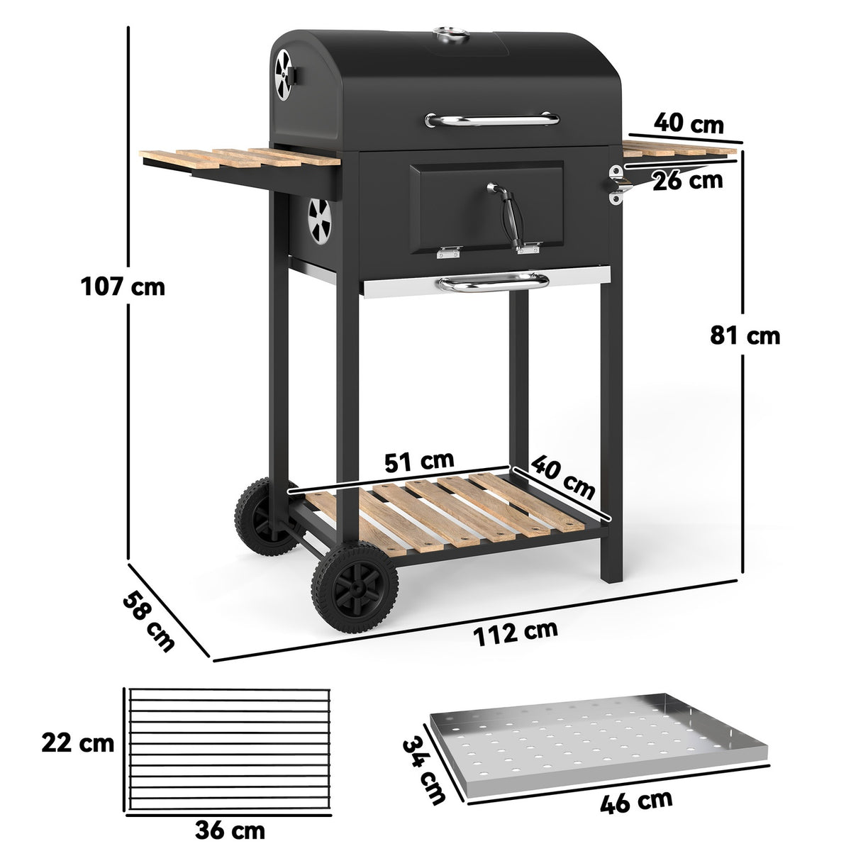 Charcoal grill made of stainless steel, mobile grill cart with lid, thermometer, grill grate, wheels, adjustable handle, coal tray, charcoal grill cart with wood shelf, BBQ smoker for camping, garden 112x58x107cm |