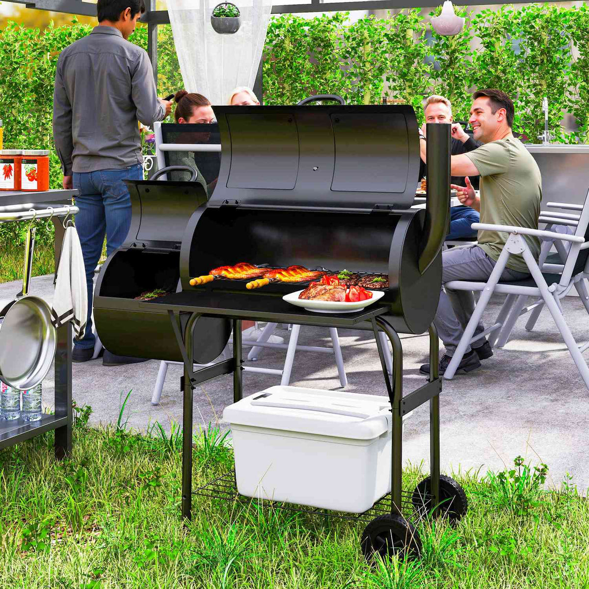 Charcoal grill made of steel BBQ smoker with lid thermometer wheels shelf mobile grill trolley with air supply charcoal tray, charcoal grill charcoal grill trolley for barbecue camping, garden 109x60x120 cm