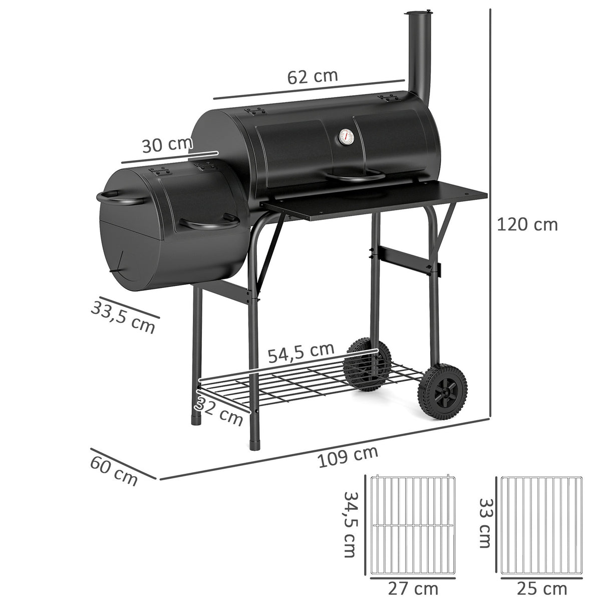 Charcoal grill made of steel BBQ smoker with lid thermometer wheels shelf mobile grill trolley with air supply charcoal tray, charcoal grill charcoal grill trolley for barbecue camping, garden 109x60x120 cm