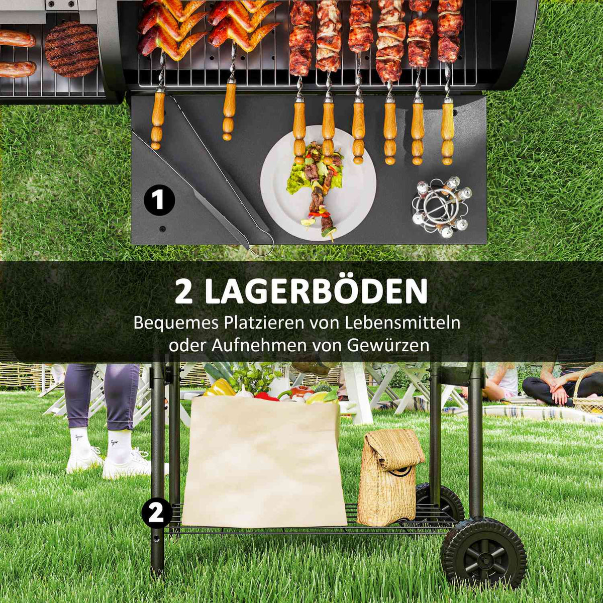 Charcoal grill made of steel BBQ smoker with lid thermometer wheels shelf mobile grill trolley with air supply charcoal tray, charcoal grill charcoal grill trolley for barbecue camping, garden 109x60x120 cm