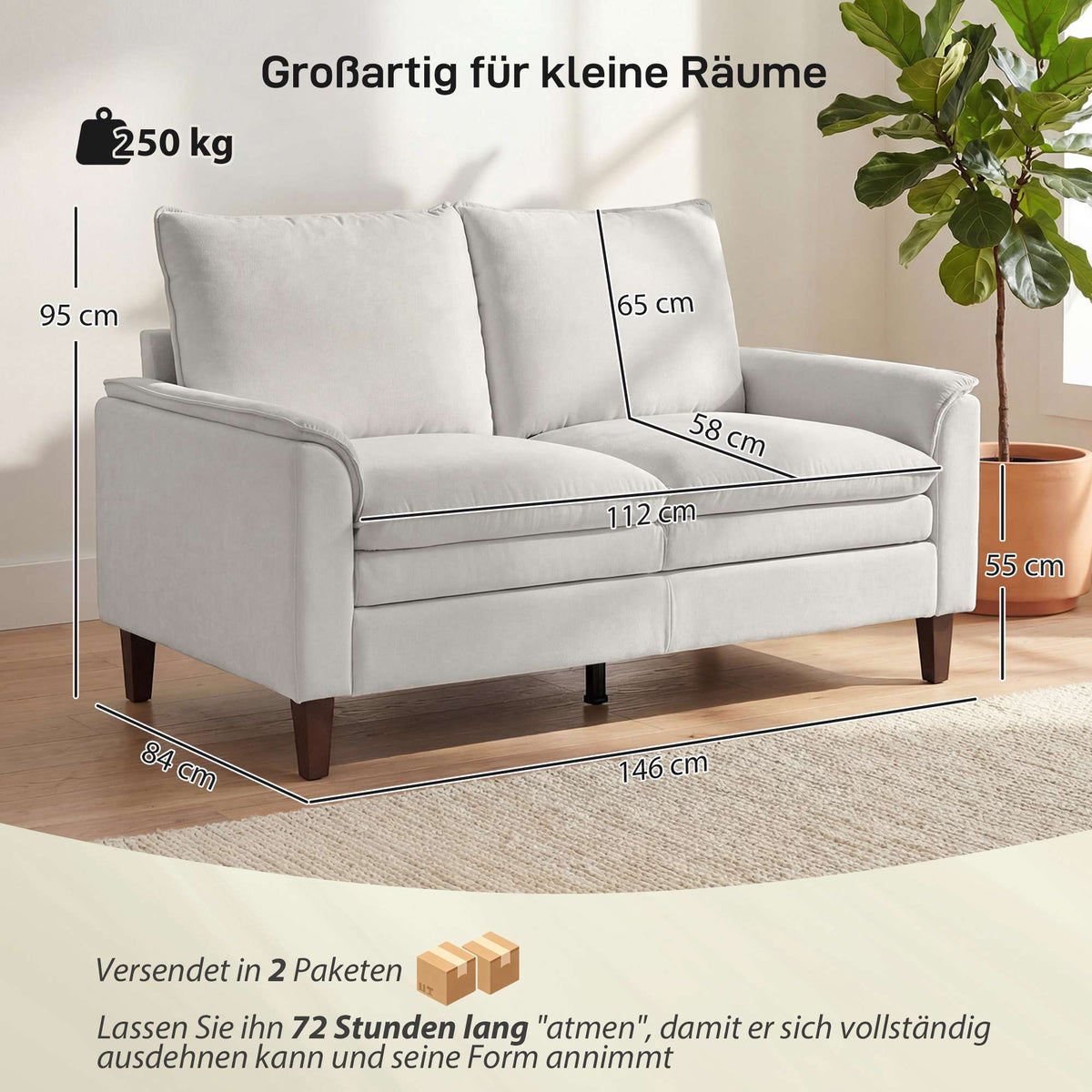 Chenille Loveseat Sofa, Cream, 24cm Cushion, High Back