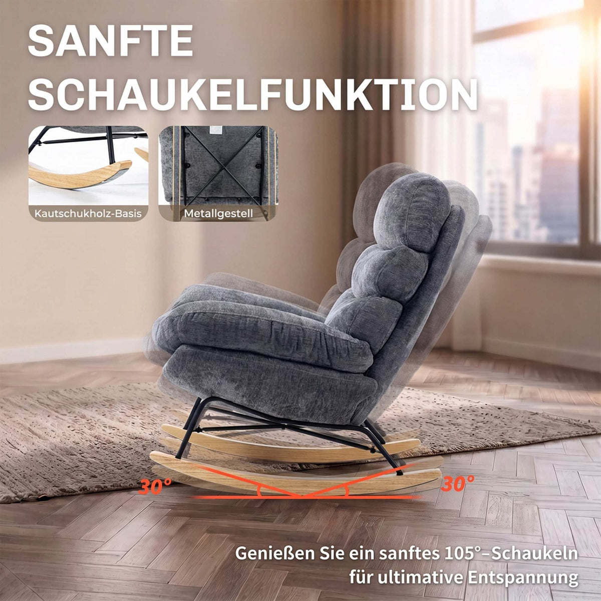 Chenille Rocking Chair with Cushions, Dark Grey