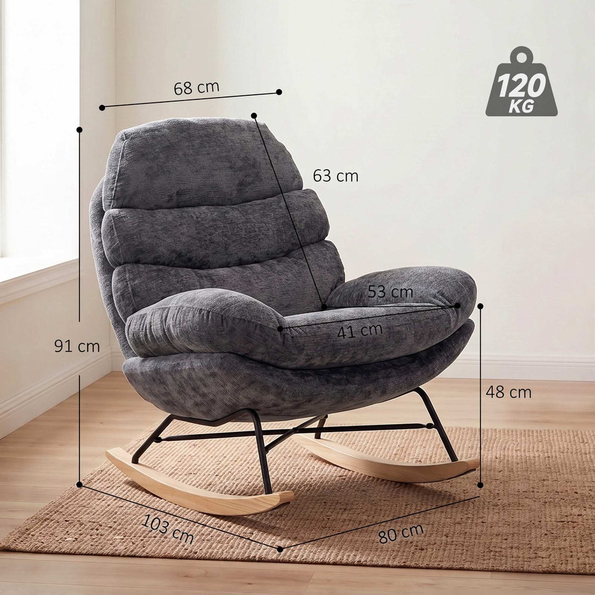 Chenille Rocking Chair with Cushions, Dark Grey