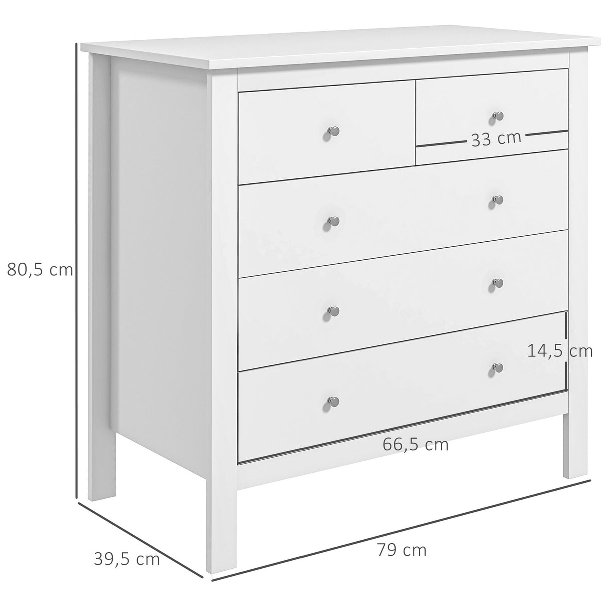 Chest Of Drawers Side Cabinet 5 Drawers Sideboard Anti-Tilt Drawer Chest Bedroom Living Room White 79 X 39.5 X 80.5 Cm