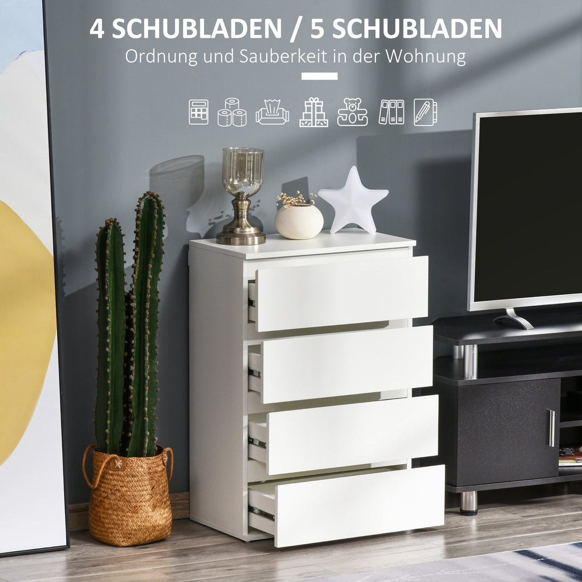 Chest Of Drawers, Sideboard With 4 Drawers, Office Cabinet With Anti-Tip Pull Tabs, White, 55 X 33 X 80 Cm