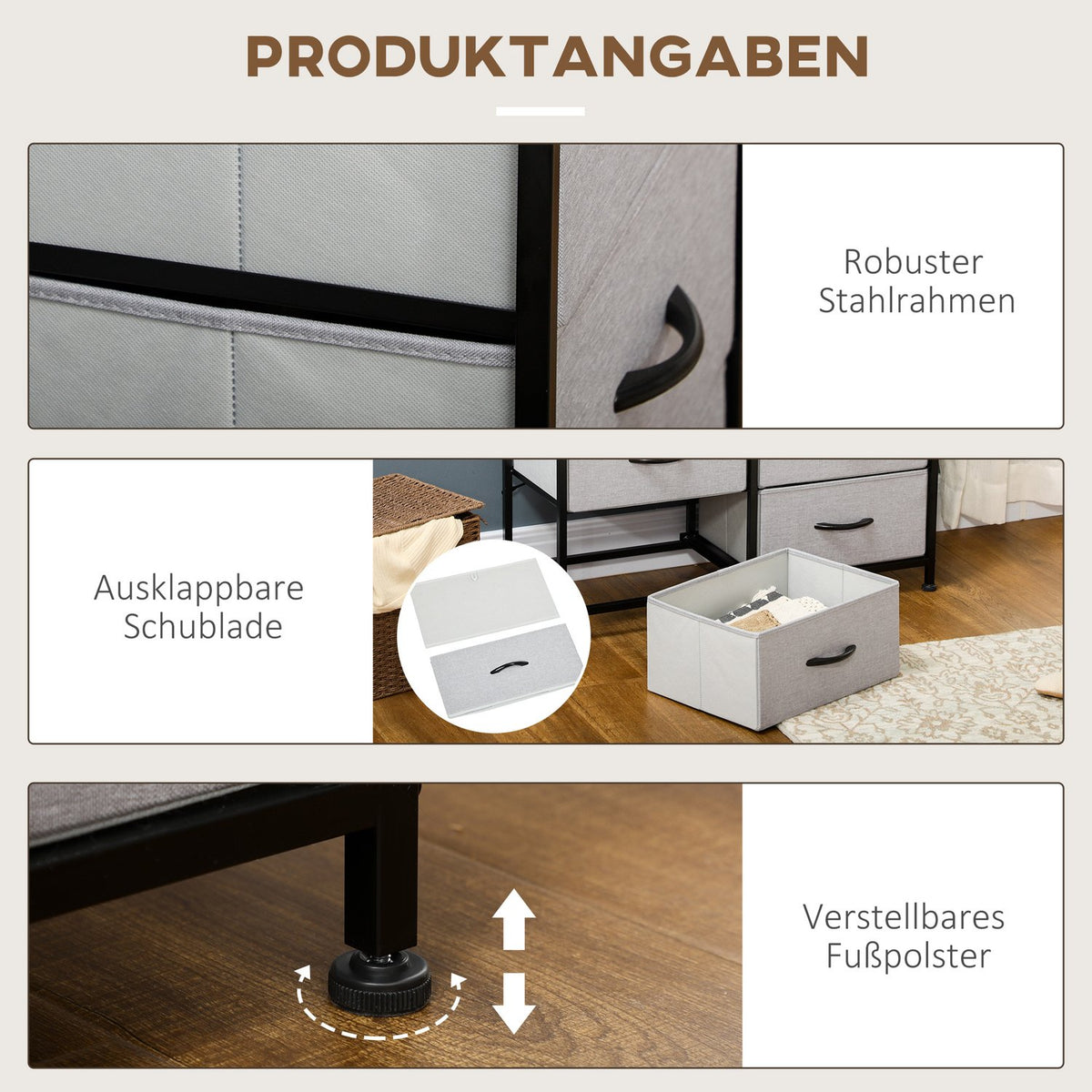 Chest Of Drawers Sideboard With 6 Folding Fabric Drawers, Drawer Cabinet With Worktop, Multi-Purpose Cabinet, Grey