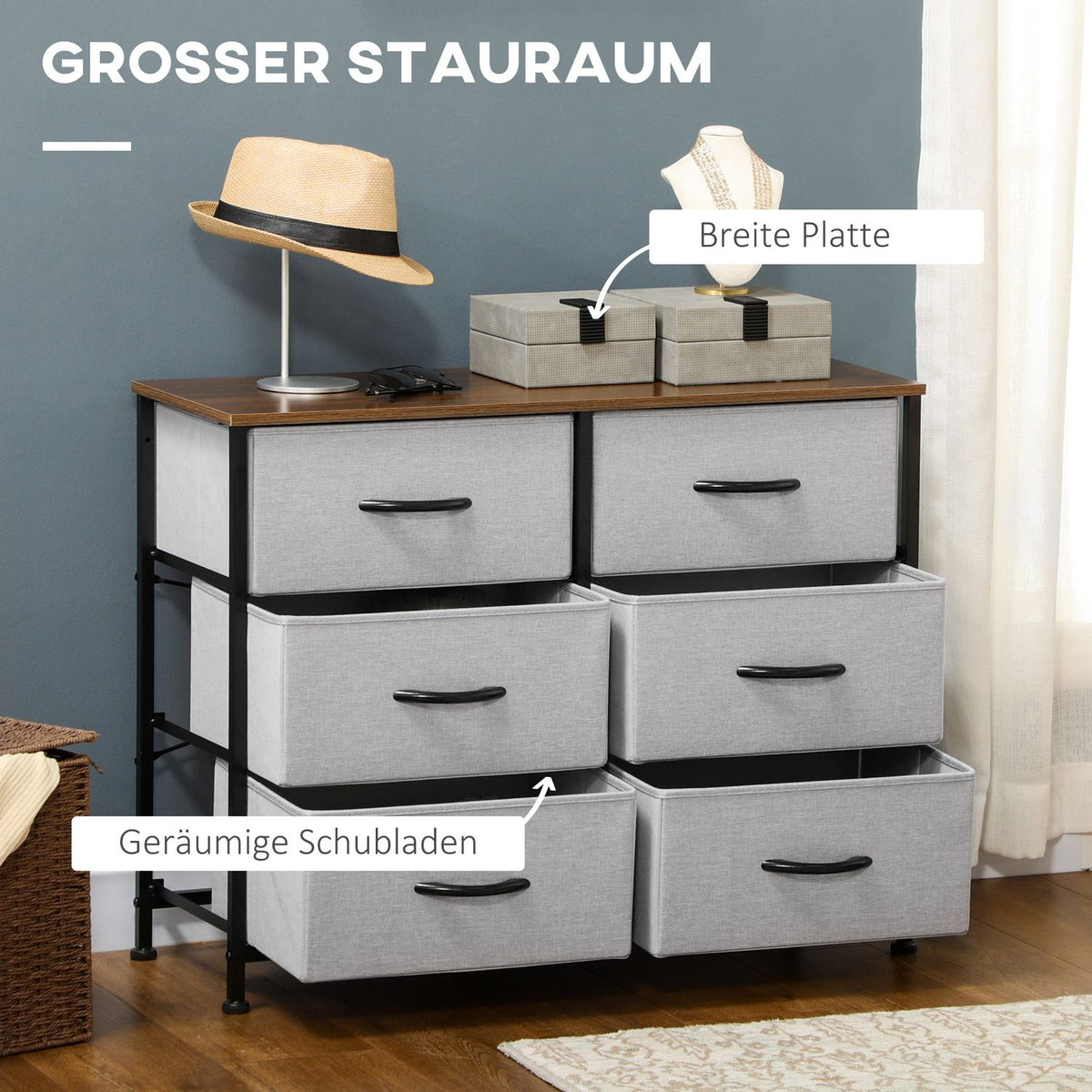 Chest Of Drawers Sideboard With 6 Folding Fabric Drawers, Drawer Cabinet With Worktop, Multi-Purpose Cabinet, Grey