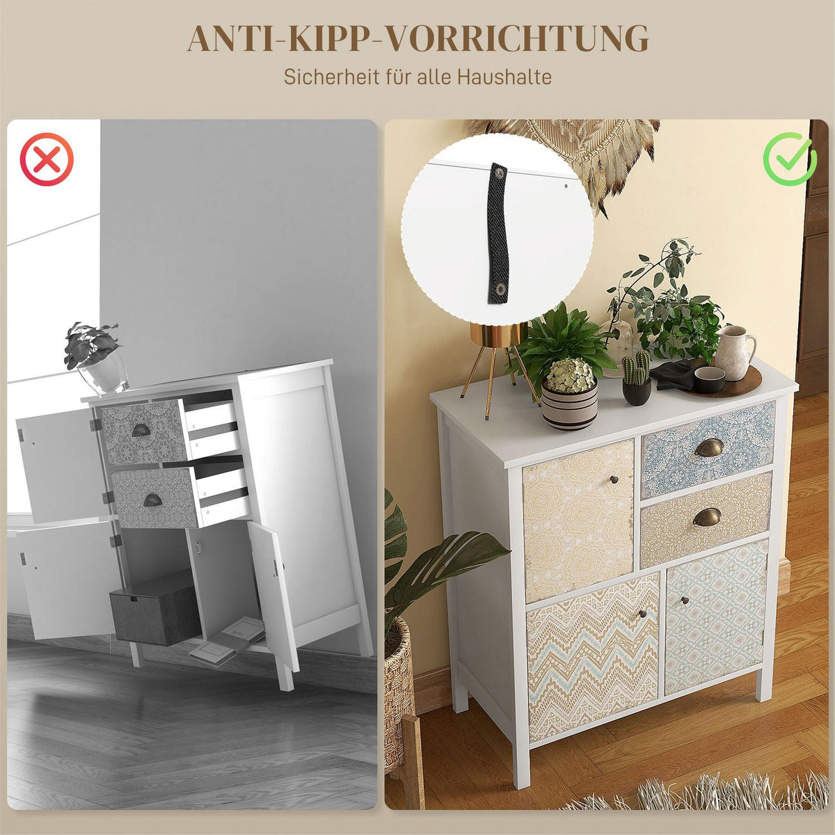 Chest Of Drawers Storage Cabinet 2 Drawers 3 Compartments Tilt Protection Living Room Bedroom White 68X34X80Cm