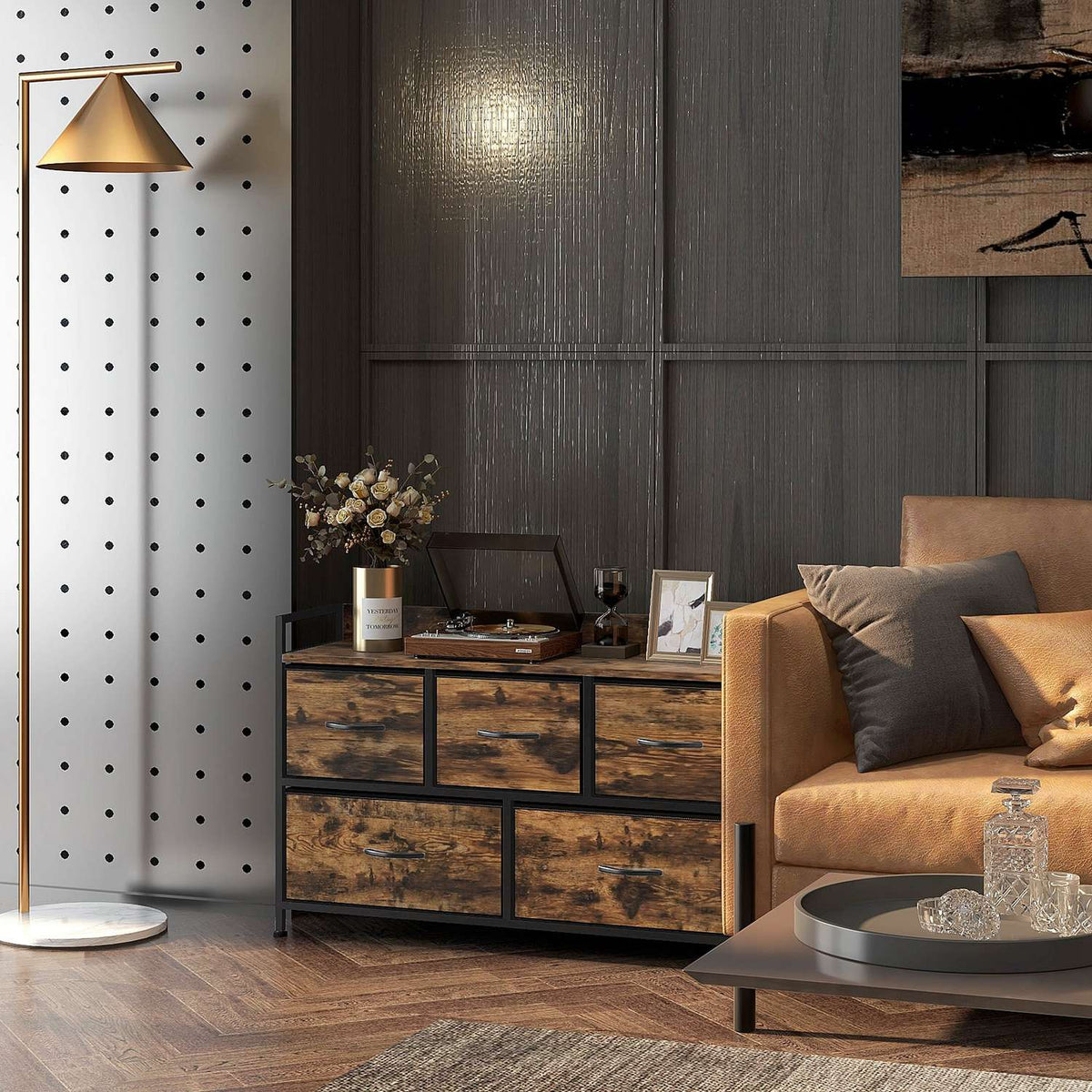 Chest of 5 Drawers Fabric Chest of Drawers Storage Cabinet with Steel Frame Industrial Design for Bedroom Living Room Rustic Brown