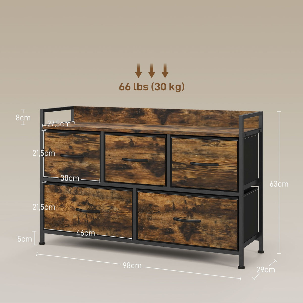 Chest of 5 Drawers Fabric Chest of Drawers Storage Cabinet with Steel Frame Industrial Design for Bedroom Living Room Rustic Brown