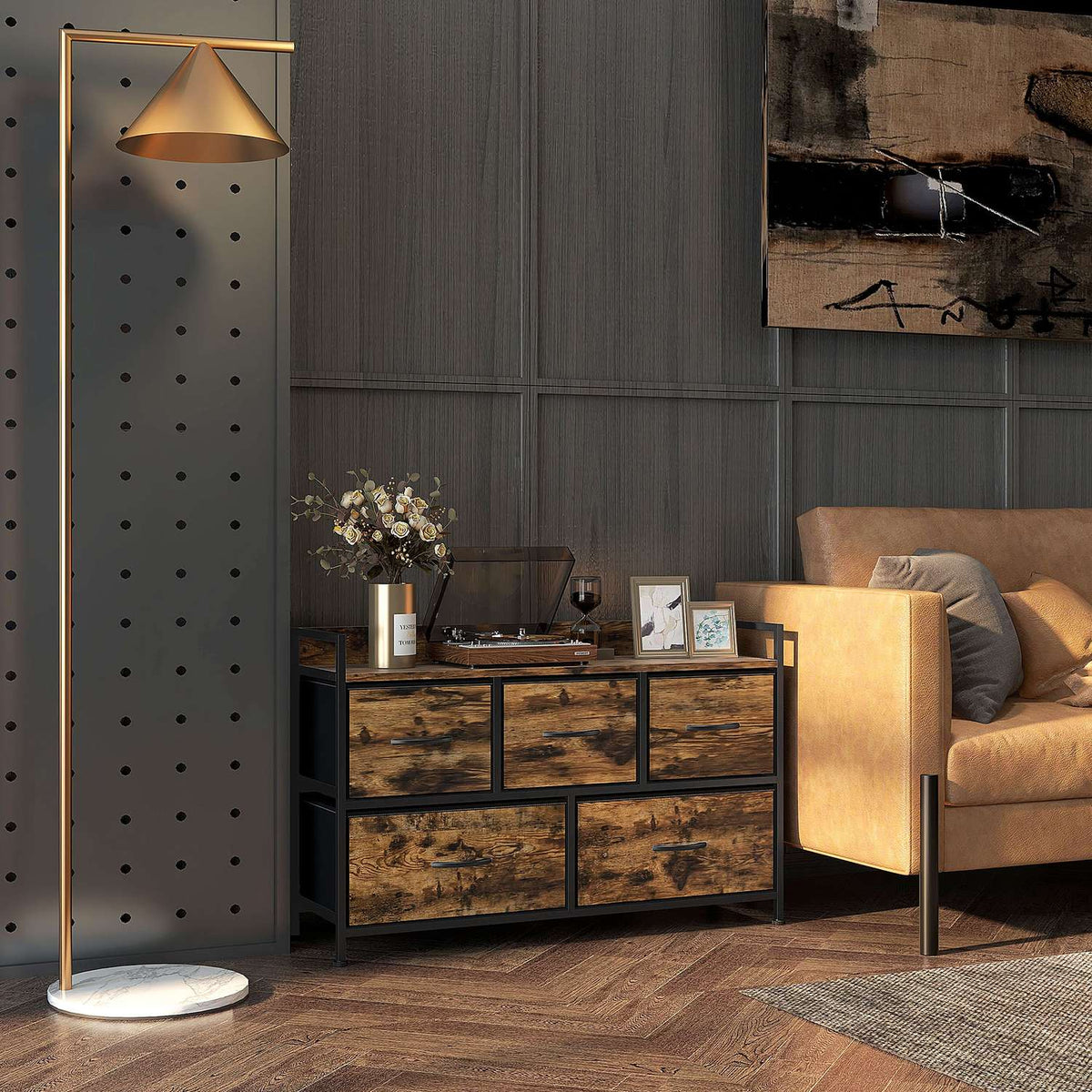 Chest of 5 Drawers Fabric Chest of Drawers Storage Cabinet with Steel Frame Industrial Design for Bedroom Living Room Rustic Brown