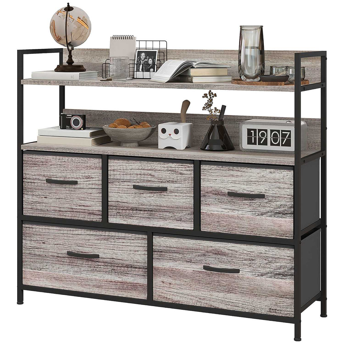 Chest of 5 Drawers Fabric Storage Cabinet Chest of Drawers with 2 Shelves Steel Frame Modern Design for Living Room Bedroom Gray