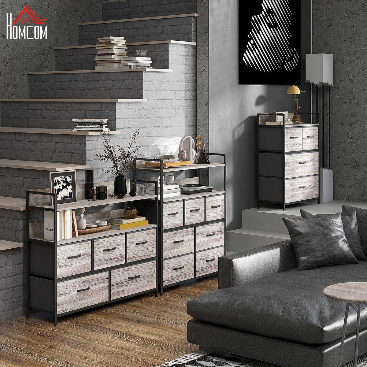 Chest of 5 Drawers Fabric Storage Cabinet Chest of Drawers with 2 Shelves Steel Frame Modern Design for Living Room Bedroom Gray
