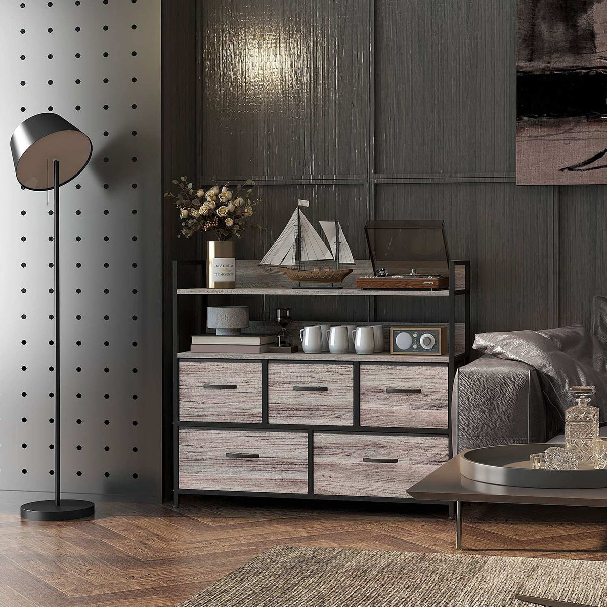 Chest of 5 Drawers Fabric Storage Cabinet Chest of Drawers with 2 Shelves Steel Frame Modern Design for Living Room Bedroom Gray