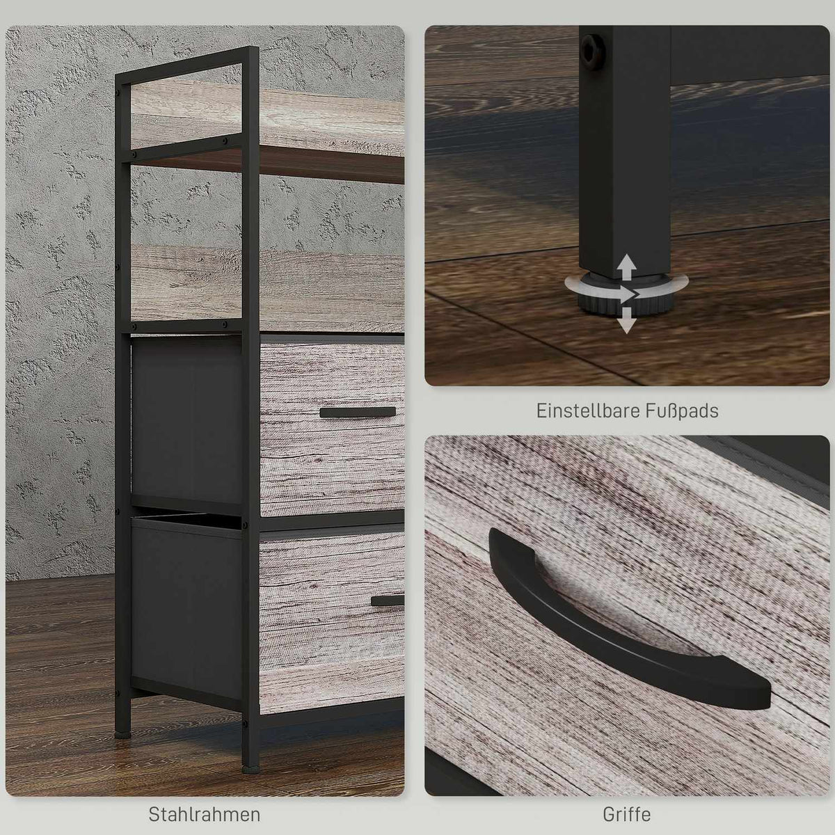 Chest of 5 Drawers Fabric Storage Cabinet Chest of Drawers with 2 Shelves Steel Frame Modern Design for Living Room Bedroom Gray