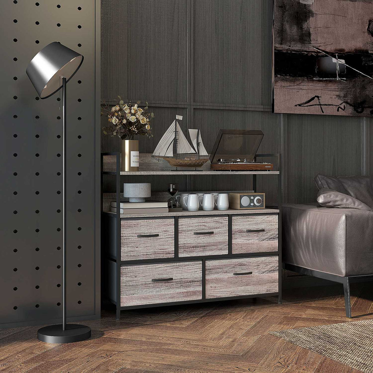 Chest of 5 Drawers Fabric Storage Cabinet Chest of Drawers with 2 Shelves Steel Frame Modern Design for Living Room Bedroom Gray