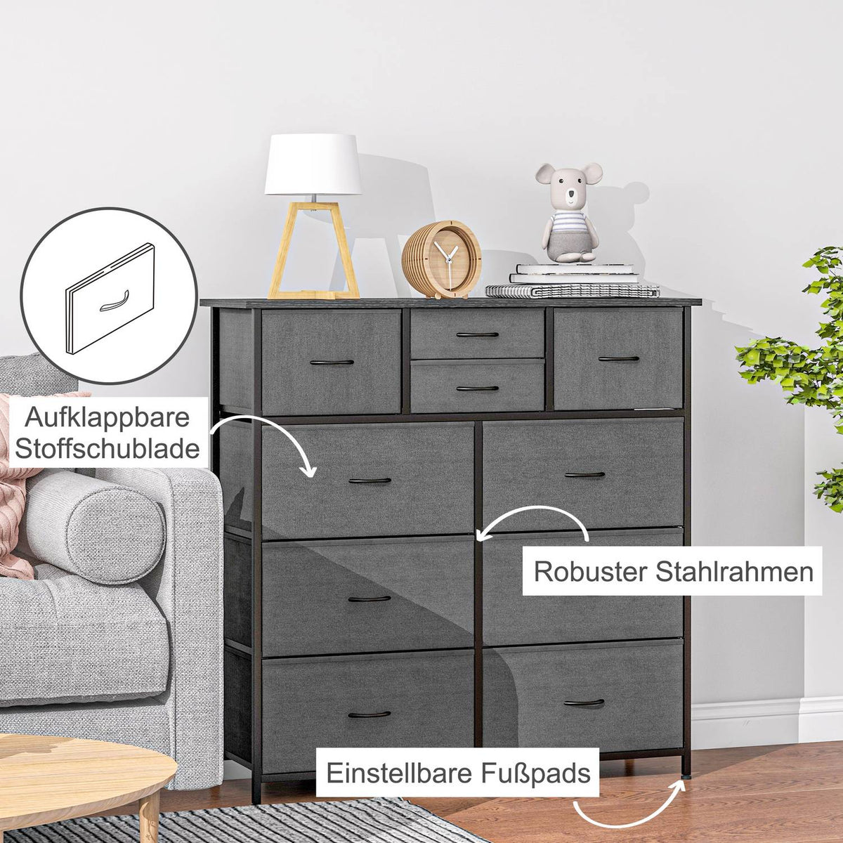 Chest of Drawers, Storage Cabinet with 10 Foldable Fabric Drawers, Modern Style Sideboard for Living Room, Bedroom, Steel, Black