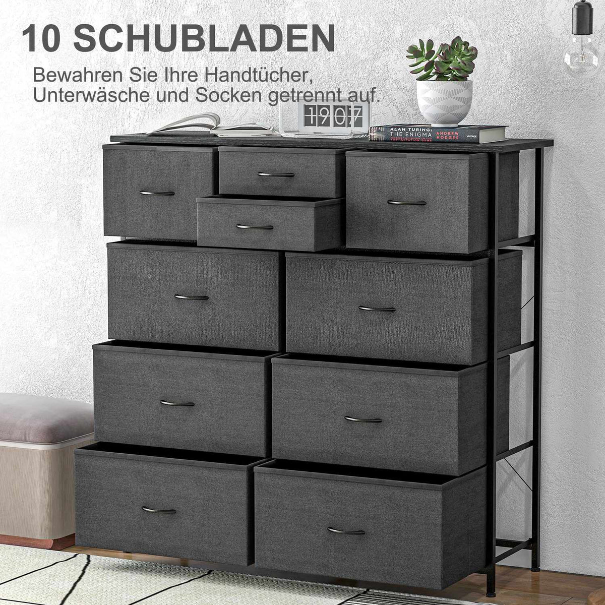 Chest of Drawers, Storage Cabinet with 10 Foldable Fabric Drawers, Modern Style Sideboard for Living Room, Bedroom, Steel, Black