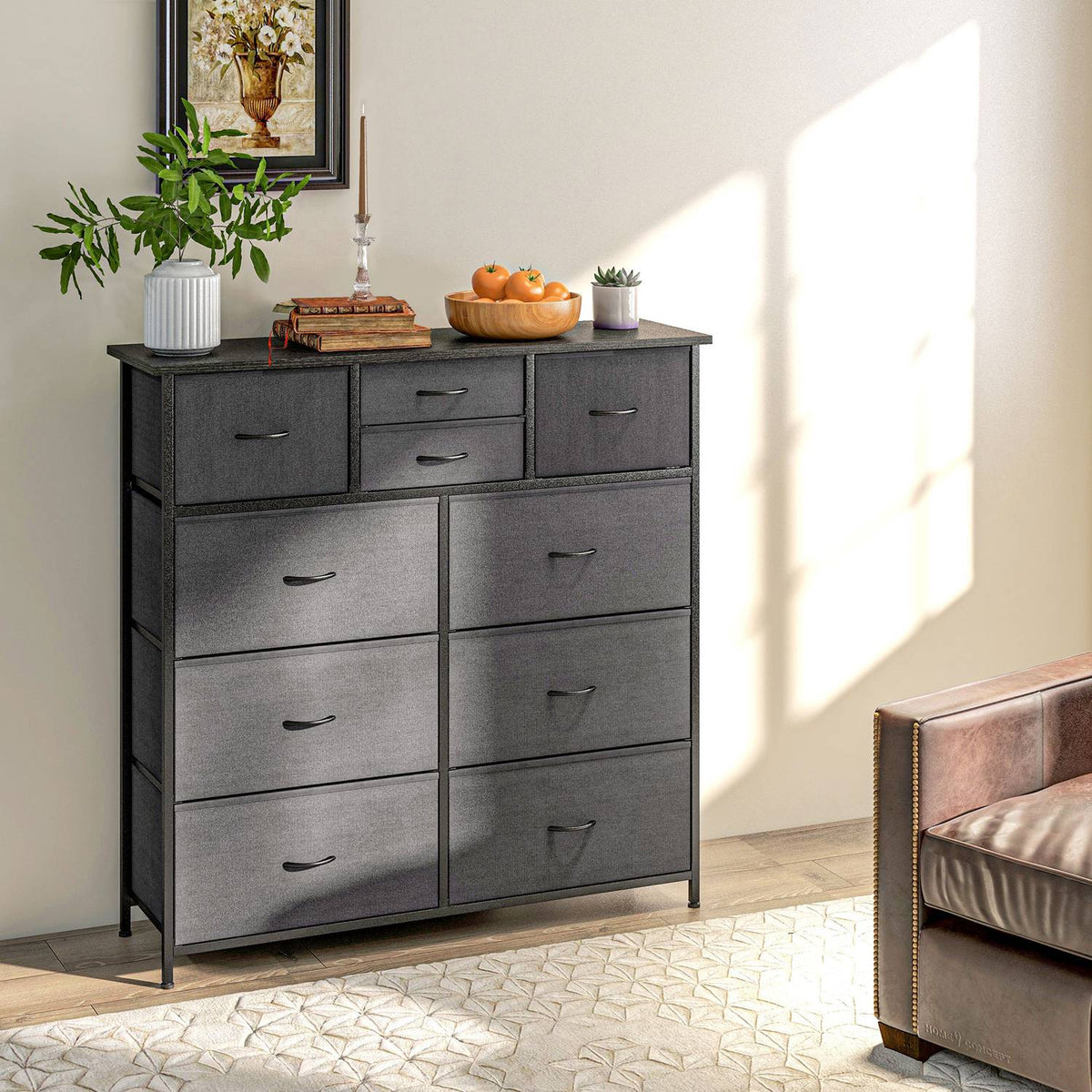 Chest of Drawers, Storage Cabinet with 10 Foldable Fabric Drawers, Modern Style Sideboard for Living Room, Bedroom, Steel, Black