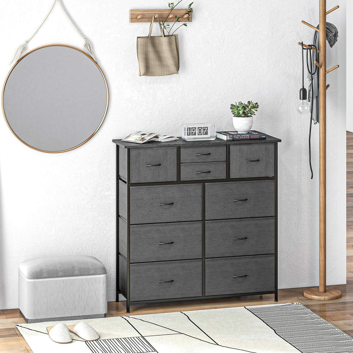 Chest of Drawers, Storage Cabinet with 10 Foldable Fabric Drawers, Modern Style Sideboard for Living Room, Bedroom, Steel, Black