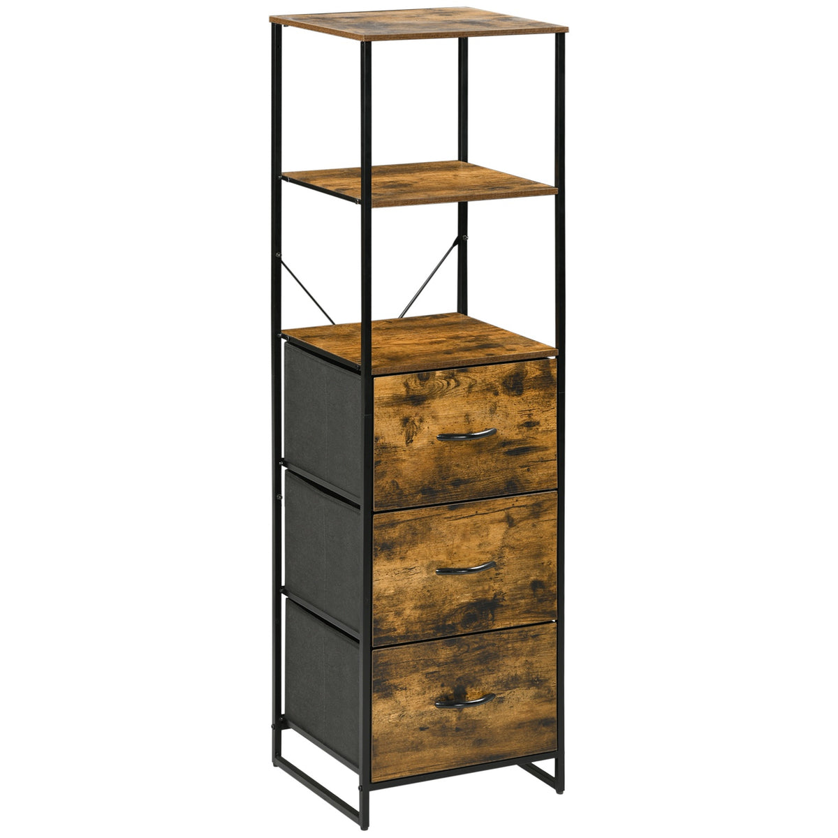 Chest of Drawers, Storage Cabinet with 3 Foldable Fabric Drawers, 2 Shelves, Industrial Style Side Cabinet for Living Room, Rustic Brown