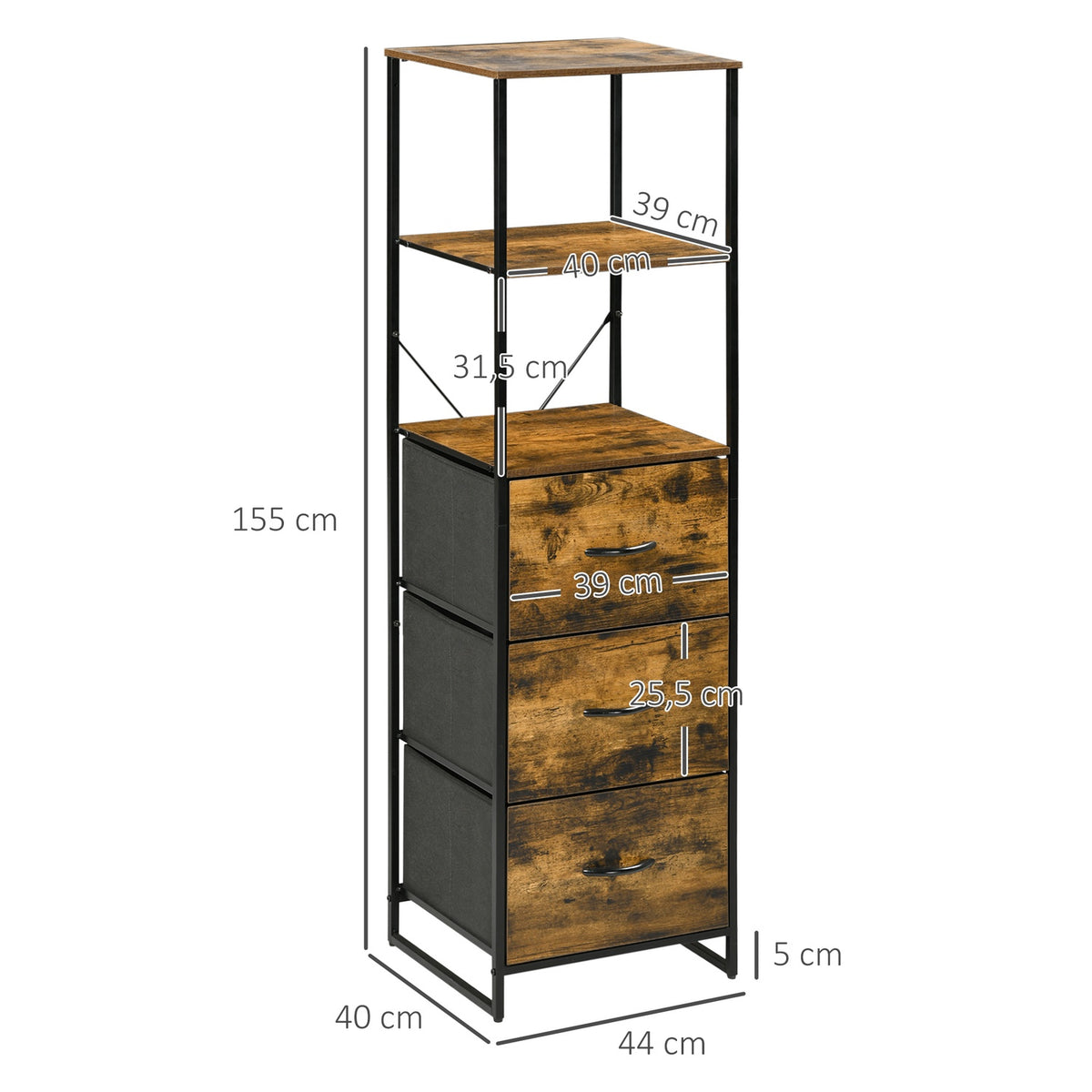 Chest of Drawers, Storage Cabinet with 3 Foldable Fabric Drawers, 2 Shelves, Industrial Style Side Cabinet for Living Room, Rustic Brown