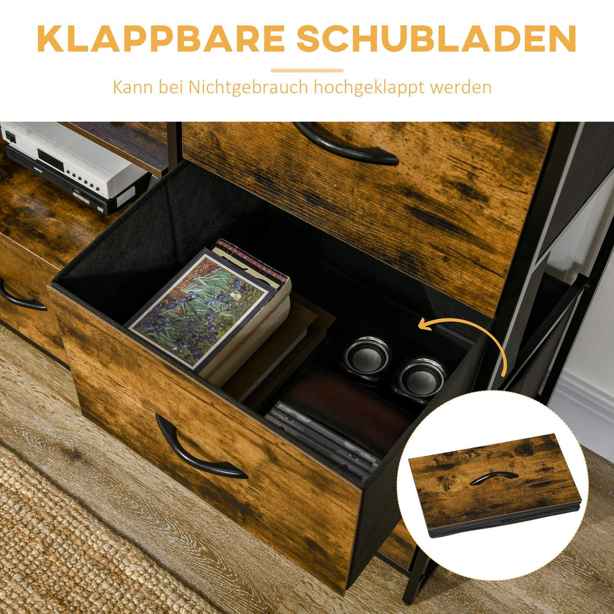 Chest of Drawers, Storage Cabinet with 3 Foldable Fabric Drawers, 2 Shelves, Industrial Style Side Cabinet for Living Room, Rustic Brown