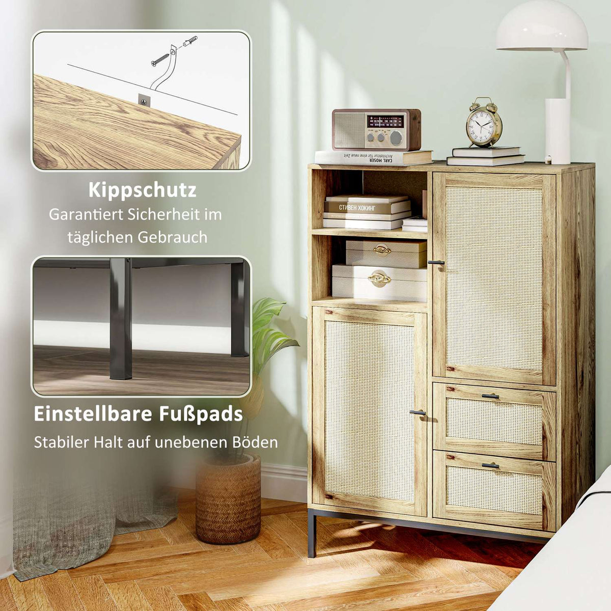 Chest of Drawers Storage Cabinet with Rattan Doors Multipurpose Cabinet with Drawers and Adjustable Shelves Metal Frame for Living Room Bedroom Dining Room 80x40x120cm Natural Wood