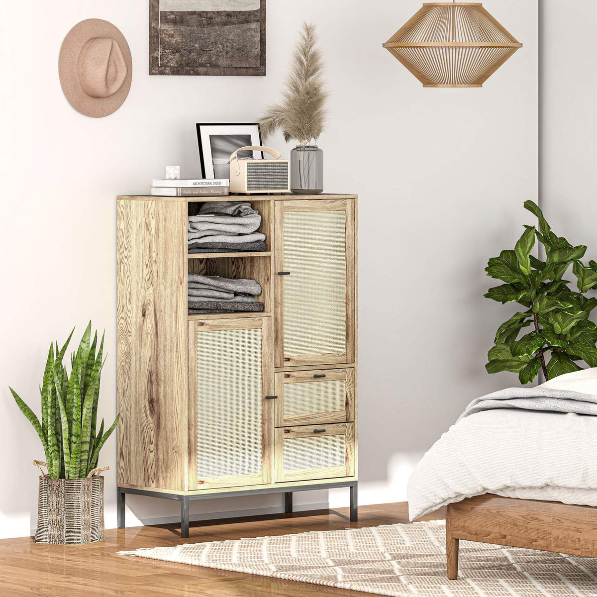 Chest of Drawers Storage Cabinet with Rattan Doors Multipurpose Cabinet with Drawers and Adjustable Shelves Metal Frame for Living Room Bedroom Dining Room 80x40x120cm Natural Wood