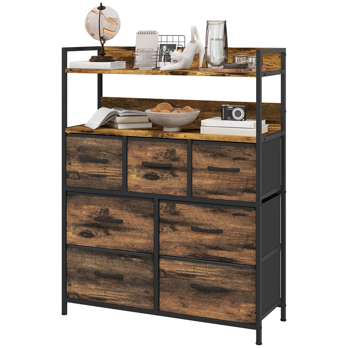 Chest of Drawers with 7 Fabric Folding Drawers Storage Cabinet Chest of Drawers with 2 Shelves Steel Frame for Bedroom Living Room Rustic Brown