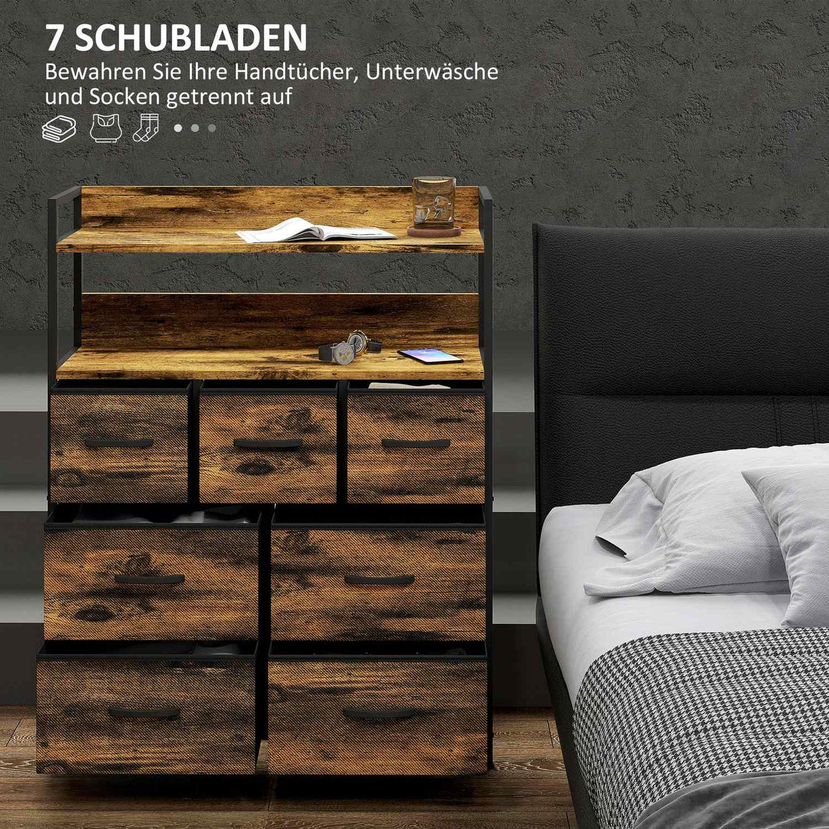 Chest of Drawers with 7 Fabric Folding Drawers Storage Cabinet Chest of Drawers with 2 Shelves Steel Frame for Bedroom Living Room Rustic Brown