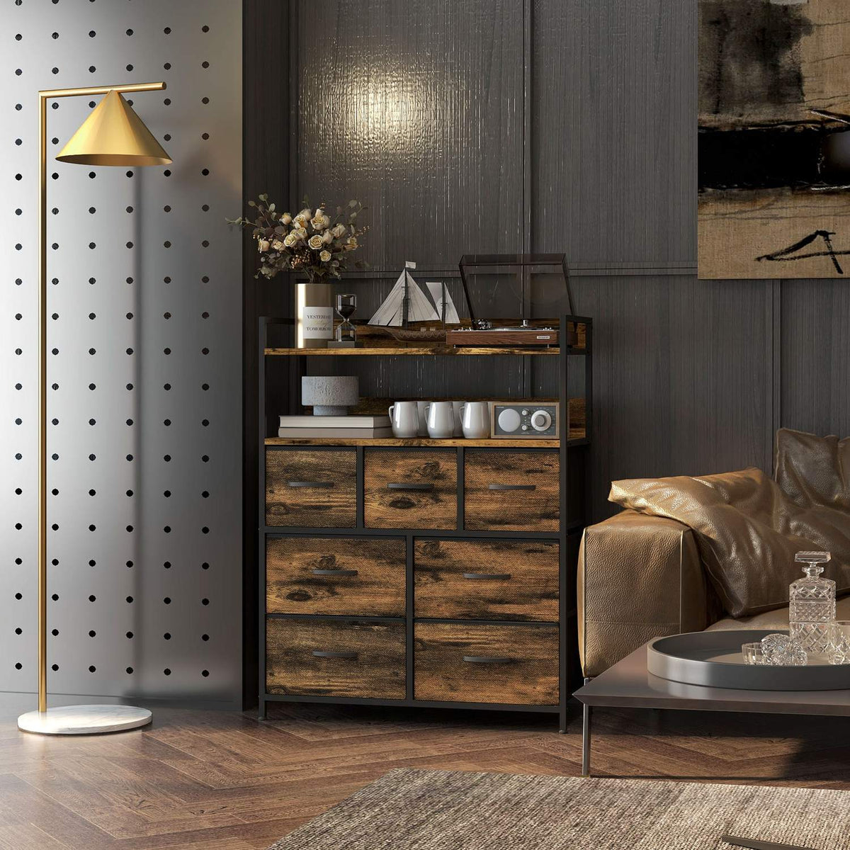 Chest of Drawers with 7 Fabric Folding Drawers Storage Cabinet Chest of Drawers with 2 Shelves Steel Frame for Bedroom Living Room Rustic Brown