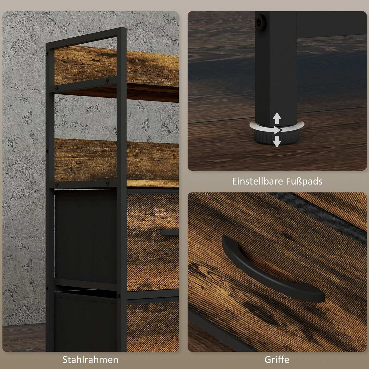 Chest of Drawers with 7 Fabric Folding Drawers Storage Cabinet Chest of Drawers with 2 Shelves Steel Frame for Bedroom Living Room Rustic Brown