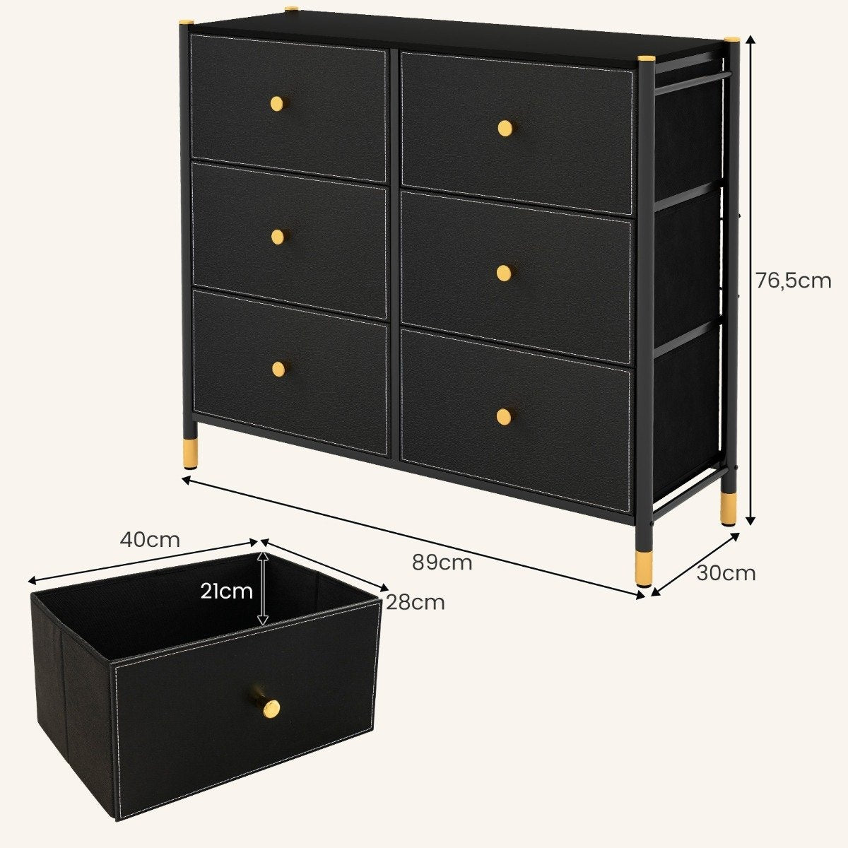 Chest of drawers for bedroom with 6 drawers high fabric chest of drawers with metal frame 89 x 30 x 76.5 cm black