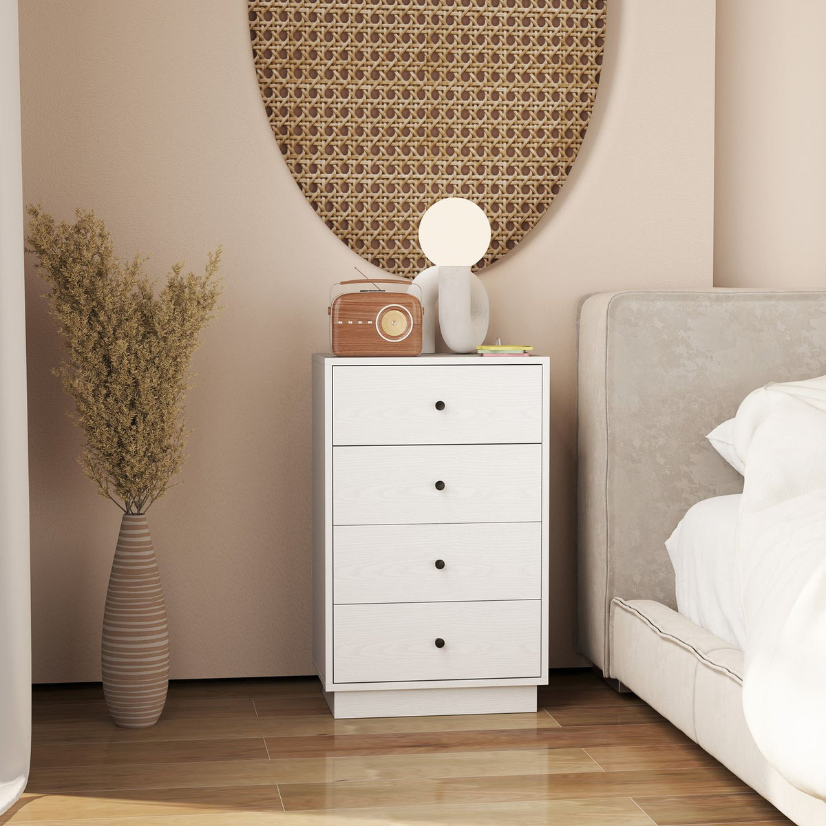 Chest of drawers, sideboard with 4 drawers, cabinet made of wood material, storage cabinet in modern style, drawer cabinet, chest of drawers for living room, bedroom, hallway, 47 x 29 x 75 cm, white