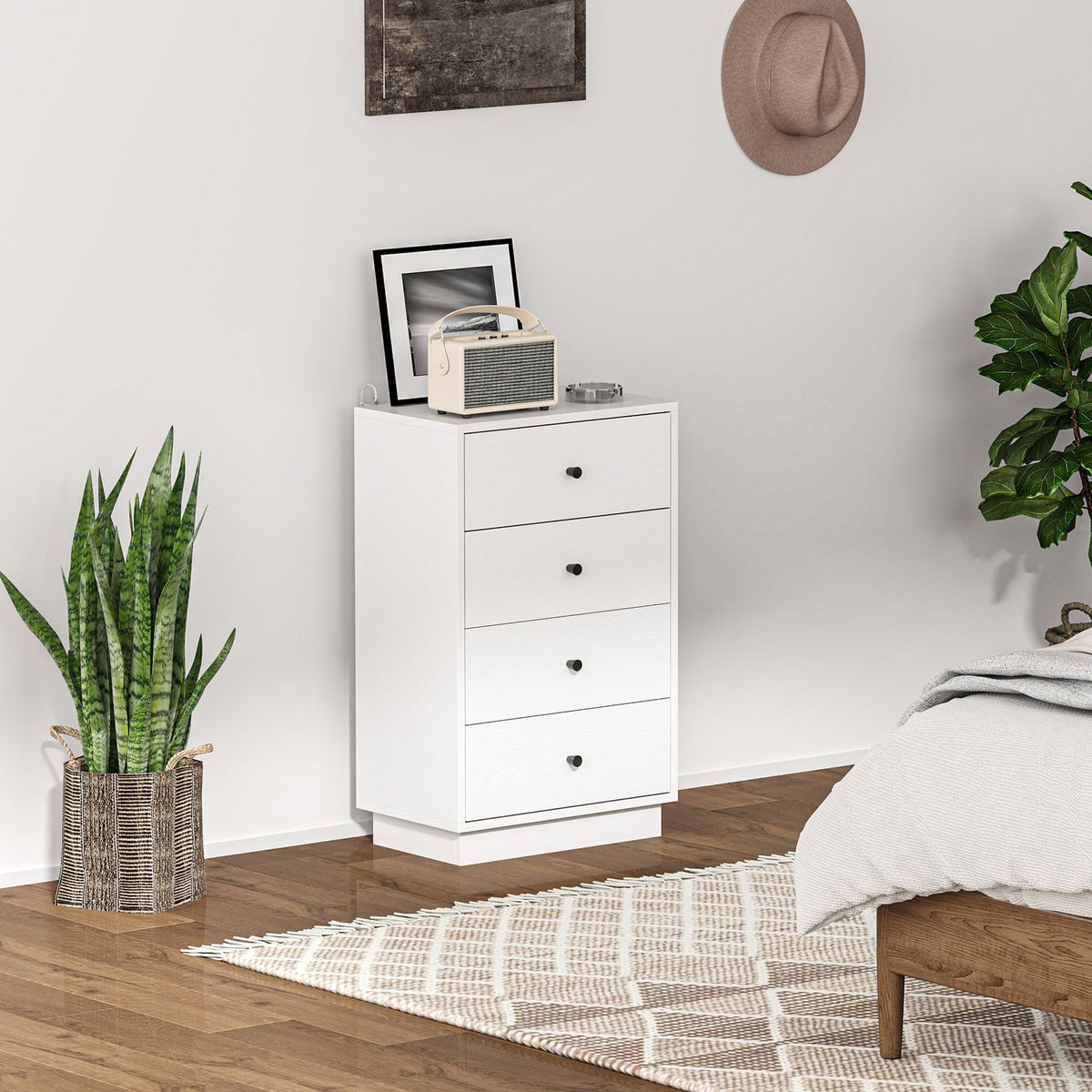Chest of drawers, sideboard with 4 drawers, cabinet made of wood material, storage cabinet in modern style, drawer cabinet, chest of drawers for living room, bedroom, hallway, 47 x 29 x 75 cm, white