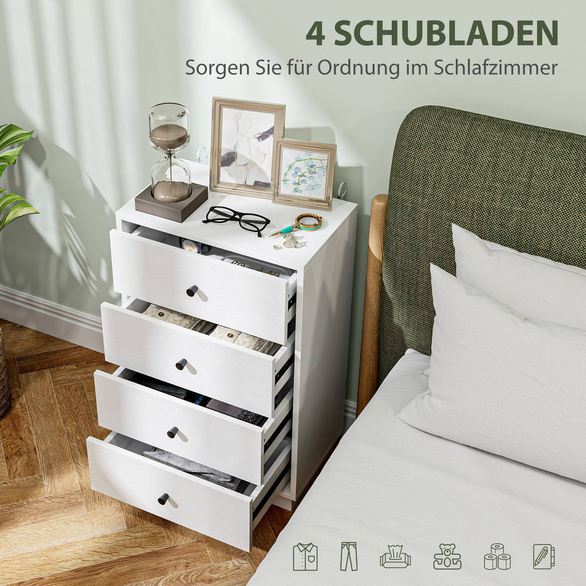 Chest of drawers, sideboard with 4 drawers, cabinet made of wood material, storage cabinet in modern style, drawer cabinet, chest of drawers for living room, bedroom, hallway, 47 x 29 x 75 cm, white