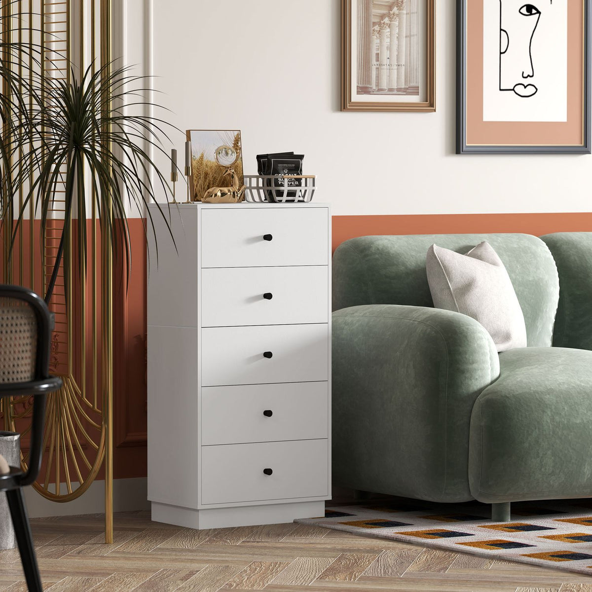Chest of drawers, sideboard with 5 drawers, cabinet made of wood material, storage cabinet in modern style, drawer cabinet, chest of drawers, cabinet for living room, bedroom, hallway, 47 x 29 x 95 cm, white