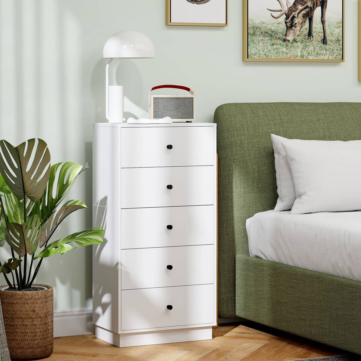Chest of drawers, sideboard with 5 drawers, cabinet made of wood material, storage cabinet in modern style, drawer cabinet, chest of drawers, cabinet for living room, bedroom, hallway, 47 x 29 x 95 cm, white
