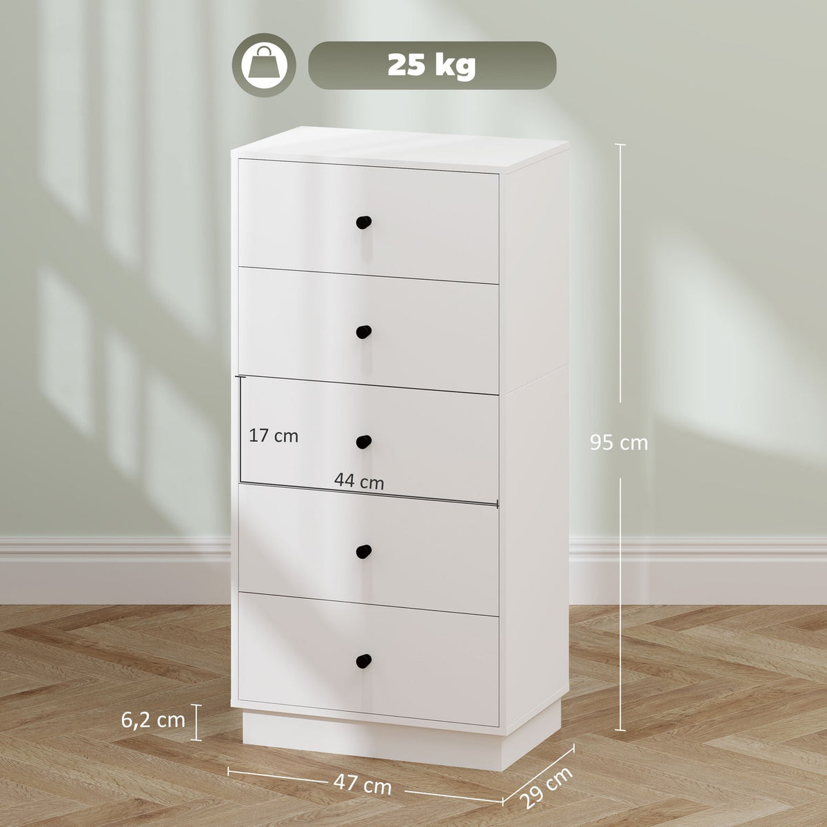 Chest of drawers, sideboard with 5 drawers, cabinet made of wood material, storage cabinet in modern style, drawer cabinet, chest of drawers, cabinet for living room, bedroom, hallway, 47 x 29 x 95 cm, white