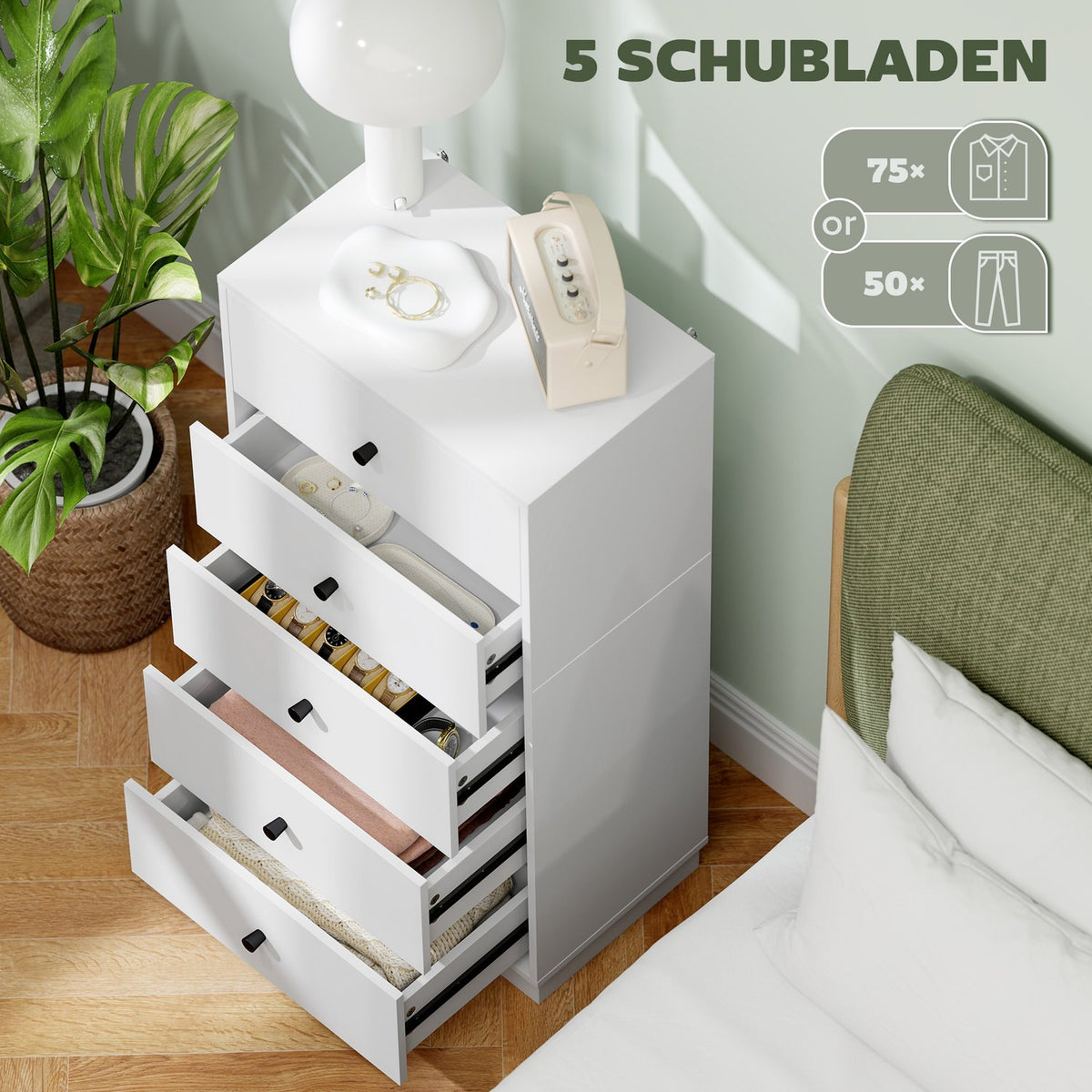 Chest of drawers, sideboard with 5 drawers, cabinet made of wood material, storage cabinet in modern style, drawer cabinet, chest of drawers, cabinet for living room, bedroom, hallway, 47 x 29 x 95 cm, white