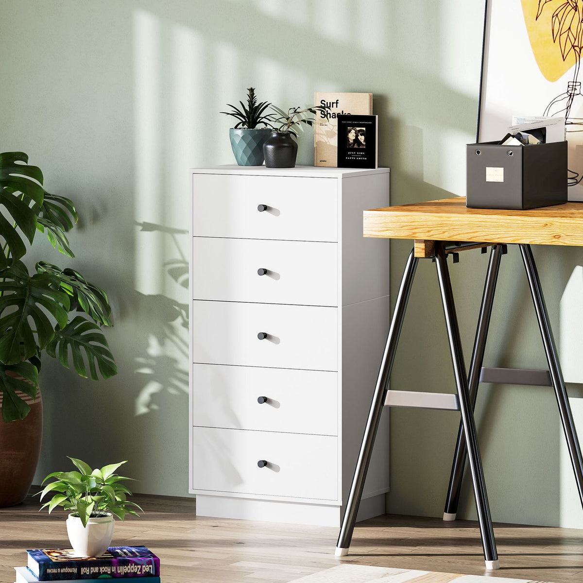 Chest of drawers, sideboard with 5 drawers, cabinet made of wood material, storage cabinet in modern style, drawer cabinet, chest of drawers, cabinet for living room, bedroom, hallway, 47 x 29 x 95 cm, white
