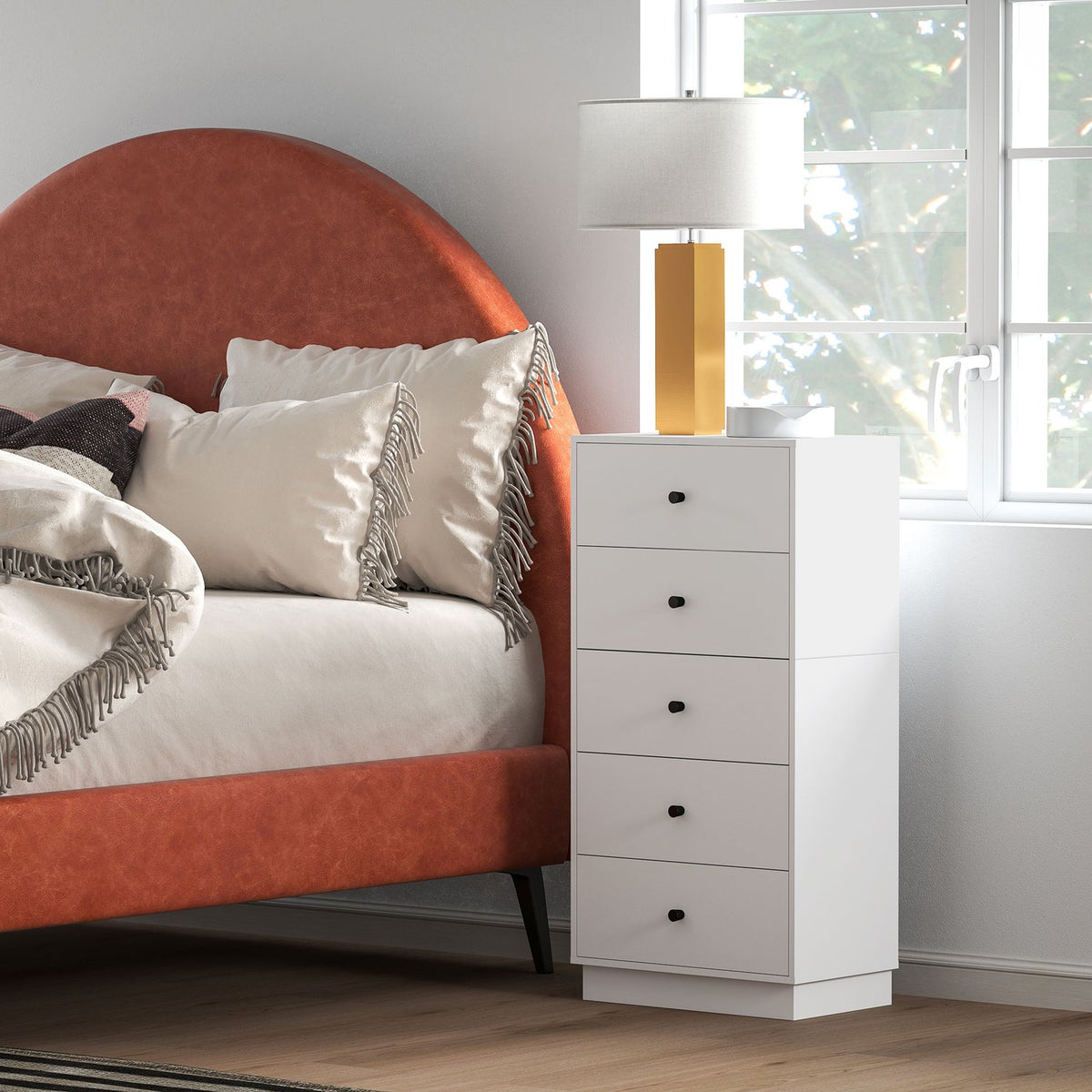 Chest of drawers, sideboard with 5 drawers, cabinet made of wood material, storage cabinet in modern style, drawer cabinet, chest of drawers, cabinet for living room, bedroom, hallway, 47 x 29 x 95 cm, white